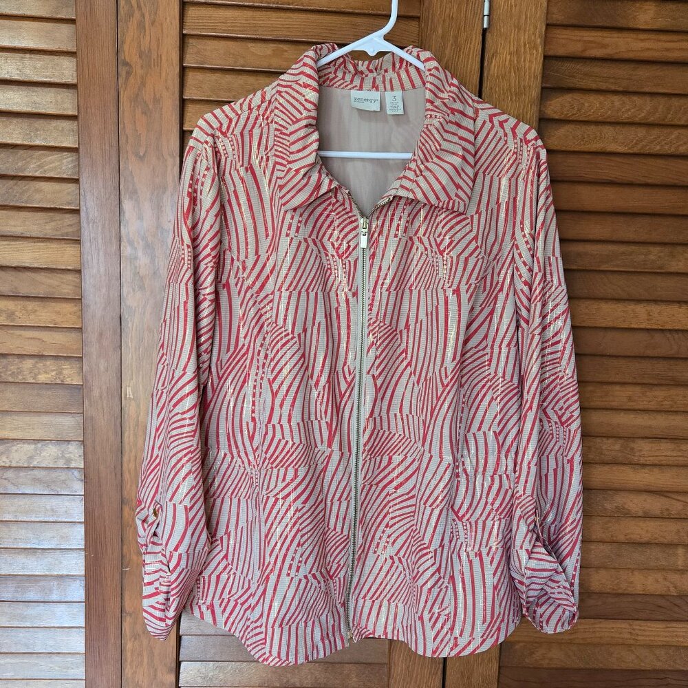 ZENERGY Chicos Women Size 3 US XL Jacket Neema Painterly Waves Tan Red Gold